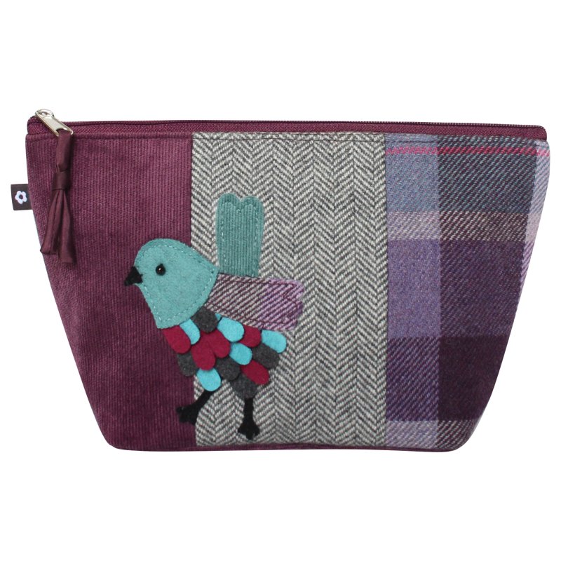 Earth Squared Tweed Applique Makeup Bag Bird Carberry Purple