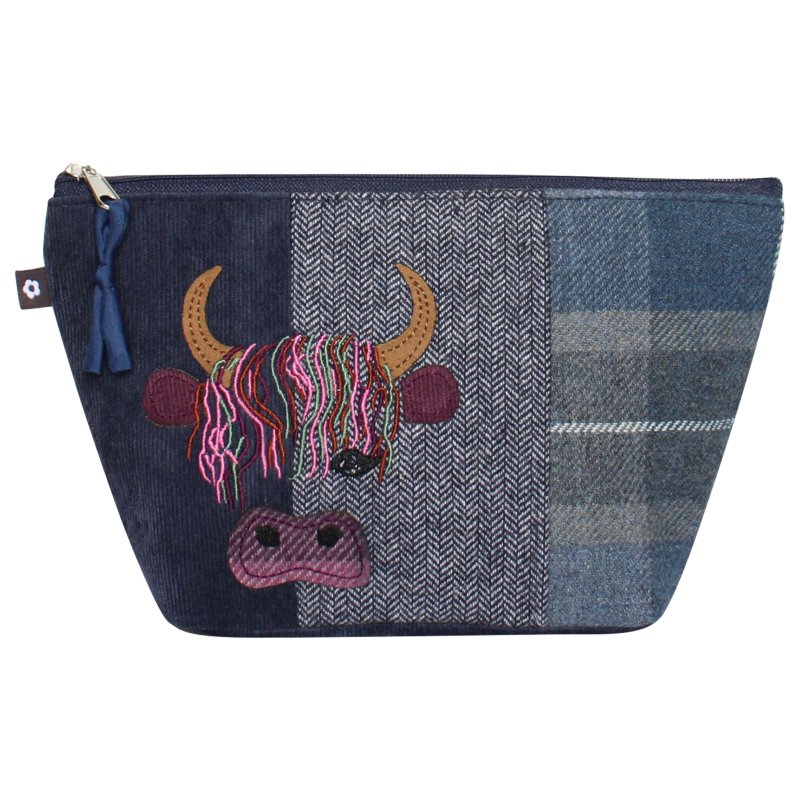 Earth Squared Tweed Applique Makeup Bag Highland Cow Humbie Navy