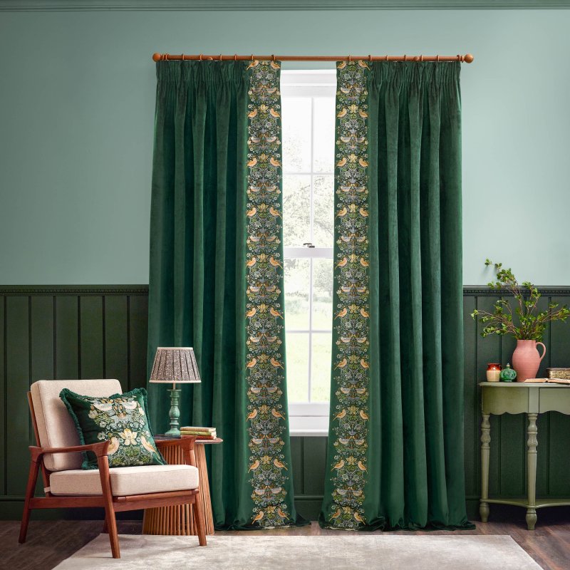 Morris & Co Strawberry Thief Forest Green Embroidered Pencil Pleat Curtains