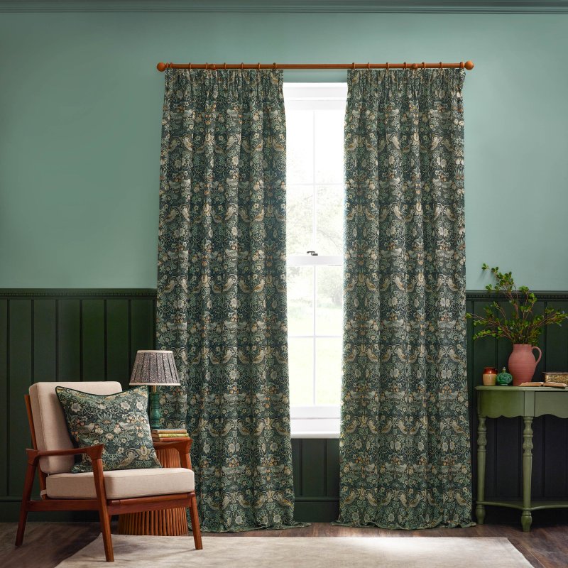 Morris & Co Strawberry Thief Forest Green Jacquard Pencil Pleat Curtains