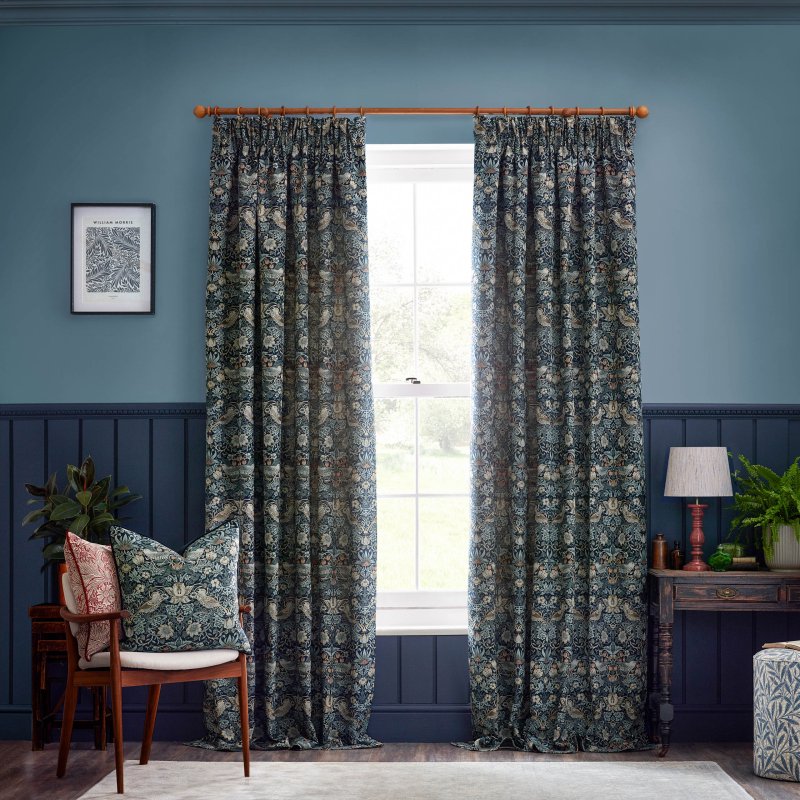 Morris & Co Strawberry Thief Indigo Jacquard Pencil Pleat Curtains