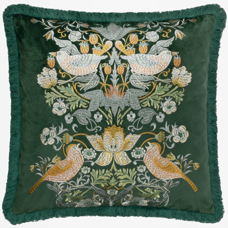 Morris & Co Strawberry Thief Forest Green Embroidered Cushion