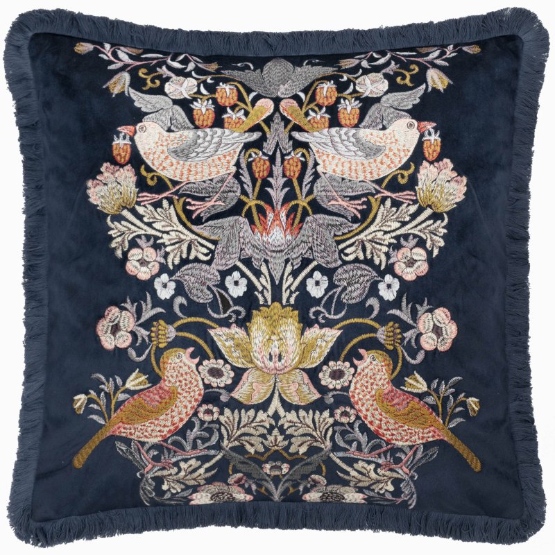 Morris & Co Strawberry Thief Indigo Embroidered Cushion