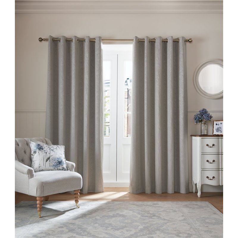 Laura Ashley Barley Steel Grey Embossed Curtains open