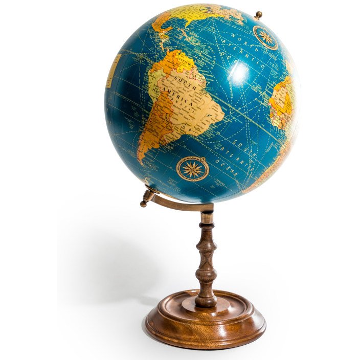 McGowan Rutherford Large Blue Globe On Brass And Wood Stand