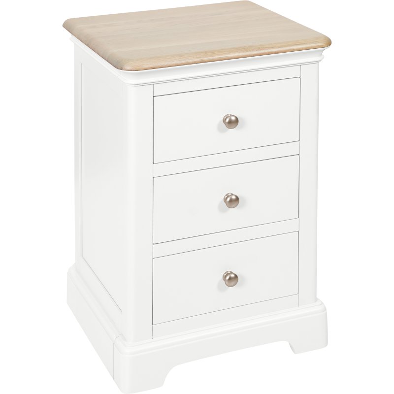 Broadway 3 Drawer Bedside Table In White on a white background
