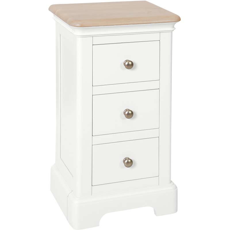 Broadway 3 Drawer Compact Bedside Table In White on a white background