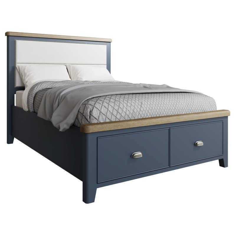 Heritage Editions Blue Double Bed With Fabric Headboard And End Drawers on a white background