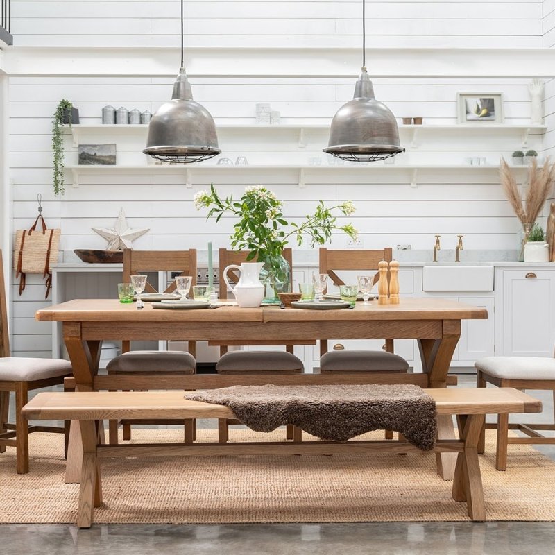 Manor Oak 2m Extending Crossed Leg Dining Table With 5 Cross Back Chairs & Bench lifestyle image