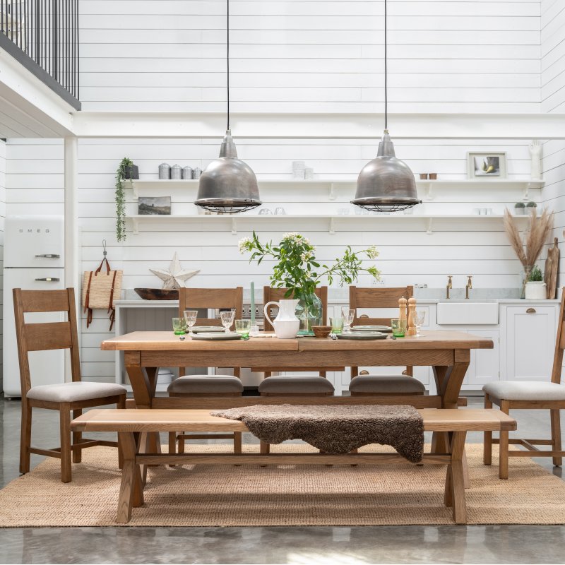 Manor Oak 2m Extending Crossed Leg Dining Table with 5 Ladder Back Chairs & Bench
