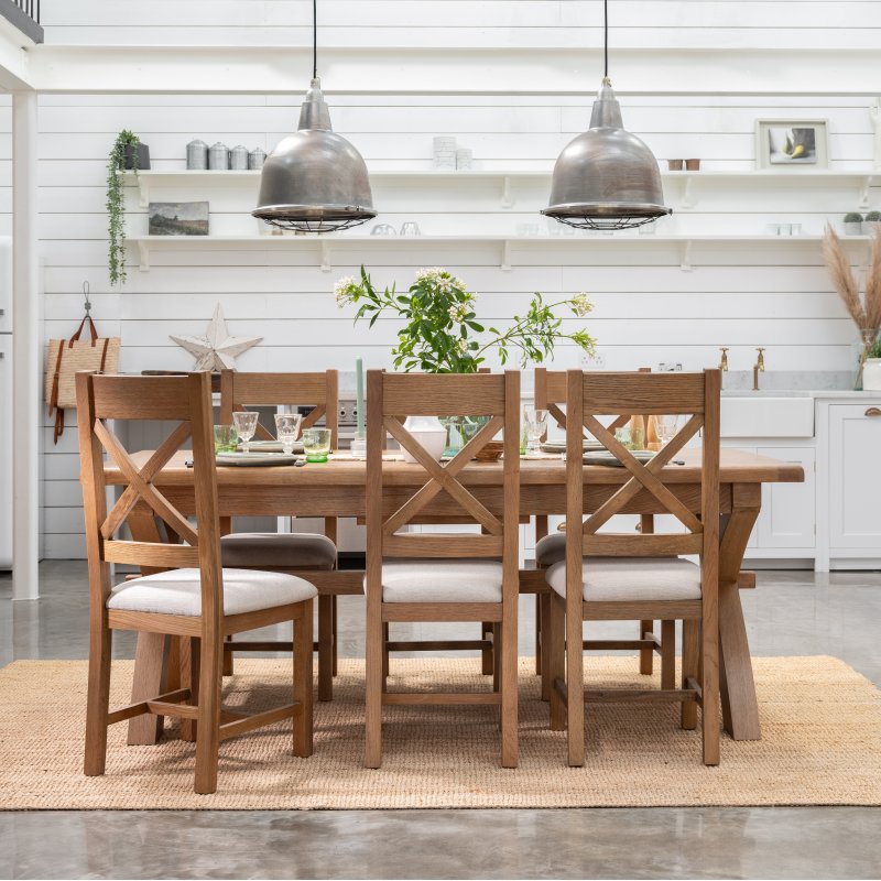 Manor Oak 2m Extending Crossed Leg Dining Table with 6 Cross Back Chairs