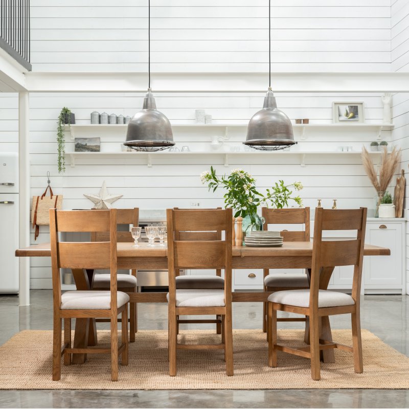 Manor Oak 2m Extending Crossed Leg Dining Table with 6 Ladder Back Chairs