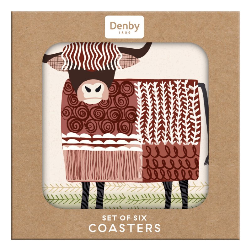Denby Highland Cow Set Of 6 Coasters in box