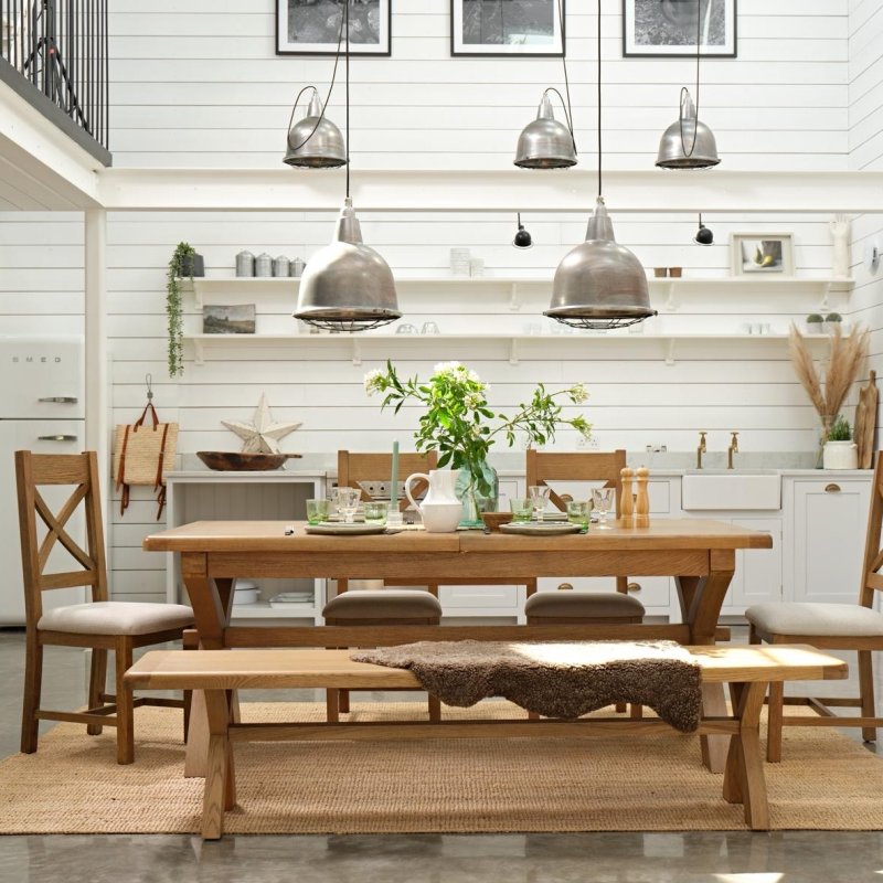 Manor Oak 2m Extending Crossed Leg Dining Table With 4 Cross Back Chairs & Bench lifestyle image