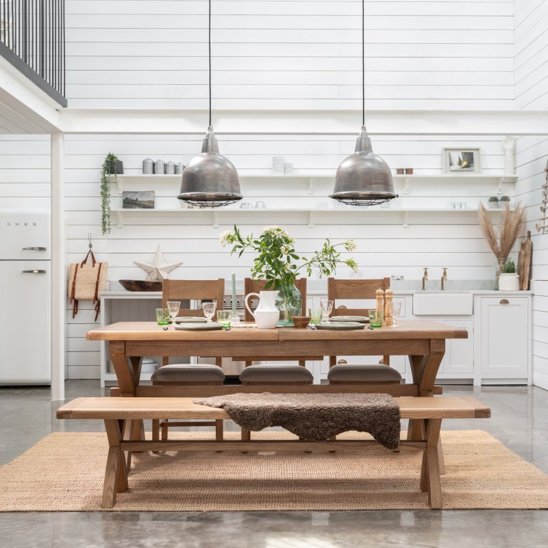 Manor Oak 2m Extending Crossed Leg Dining Table With 3 Ladder Back Chairs & Bench lifestyle image