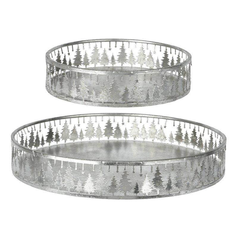 Kaemingk Tray Iron Round Silver Washed Tree