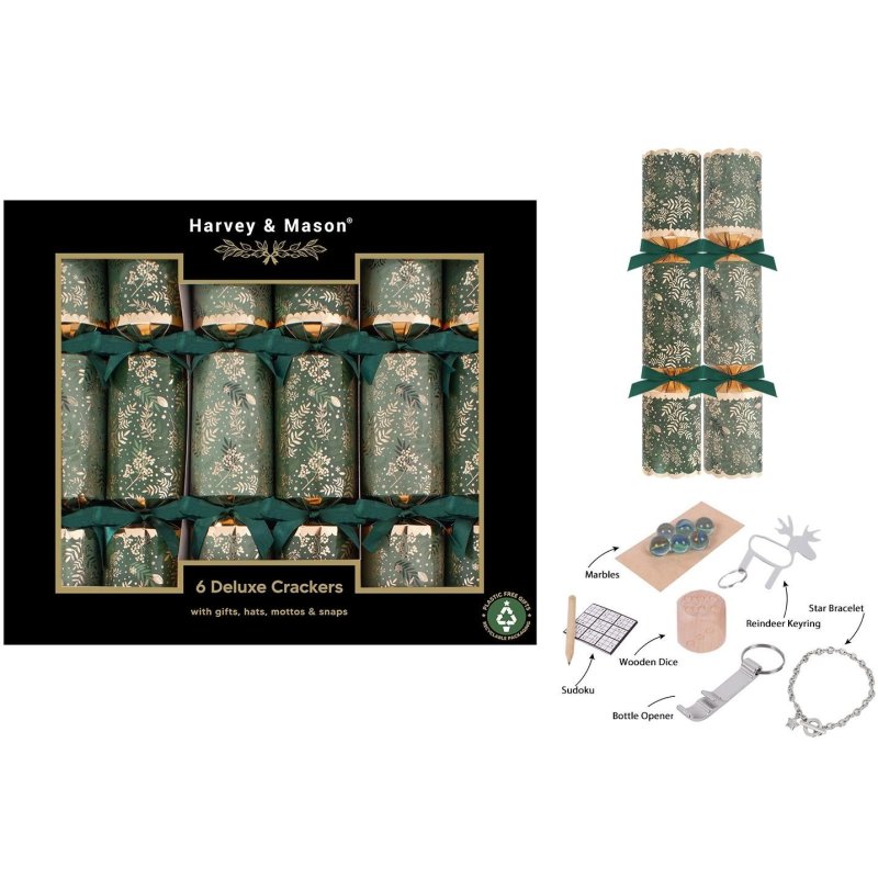 Harvey & Mason Deluxe Green Foliage Box Of 6 Crackers