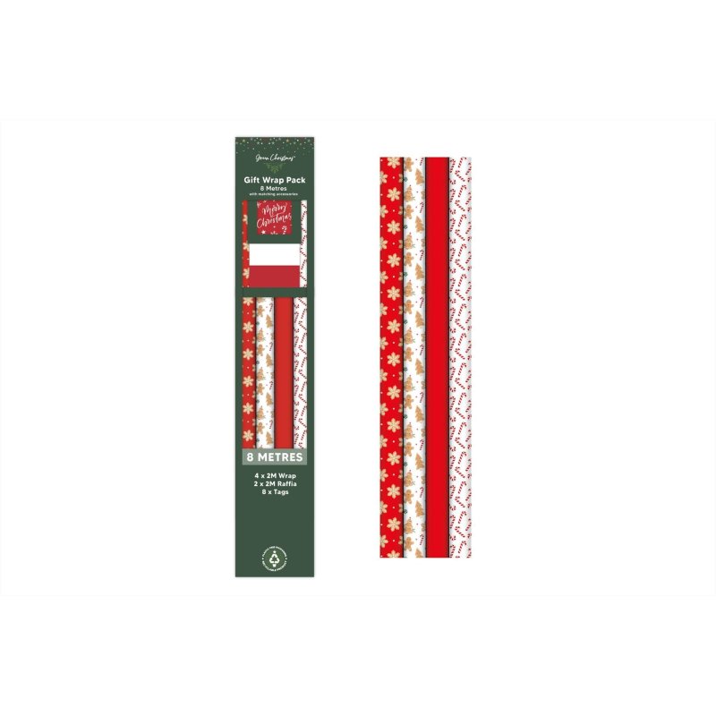 Green Christmas Wrap Pack Gingerbread Raffia And 8 Tags