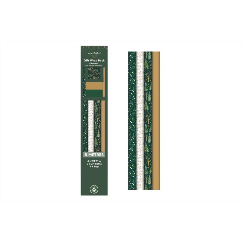 Green Christmas Wrap Pack Mistletoe Raffia And 8 Tags