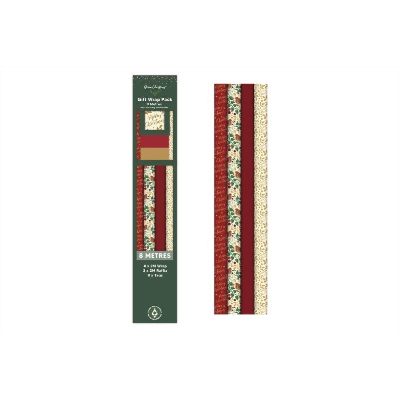 Green Christmas Wrap Pack Robin Raffia And 8 Tags