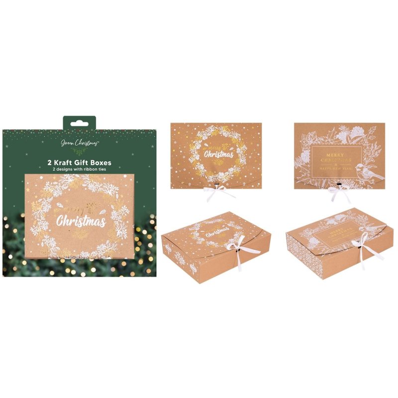 Green Christmas Kraft Gift Box Wreath Robin Set Of 2
