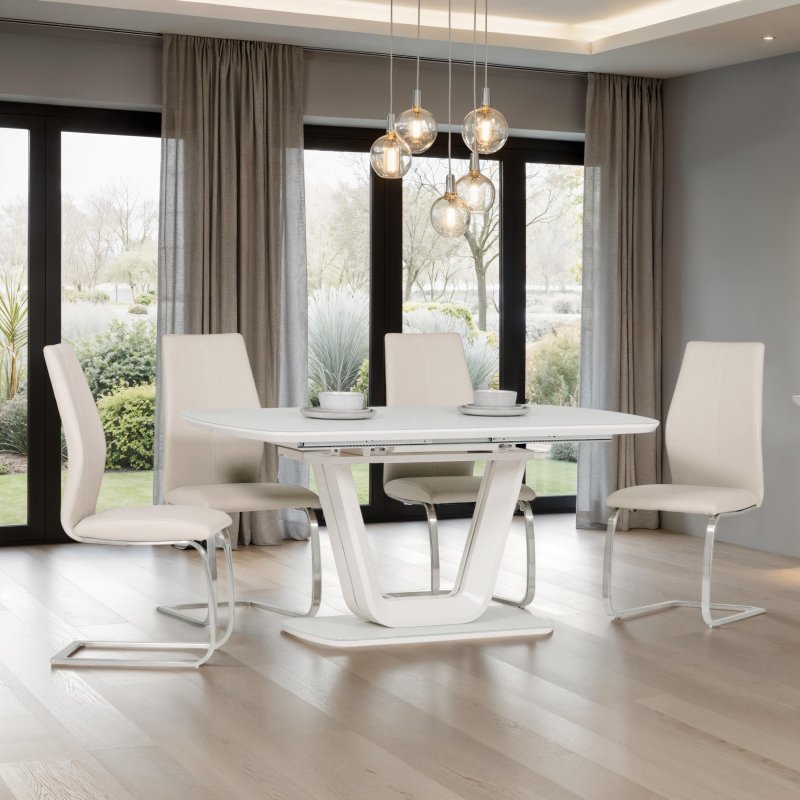 Lazzaro 1.6m Putty Extending Table With 4 Taupe Irma Chairs lifestyle