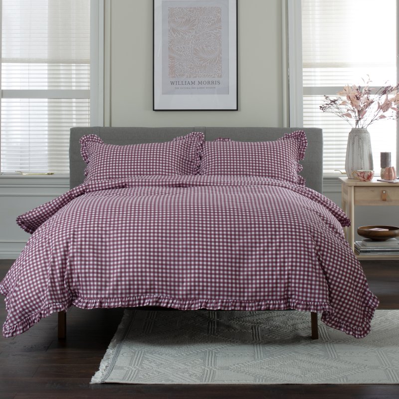 The Lyndon Company Gingham Frilled Burgundy Duvet Set