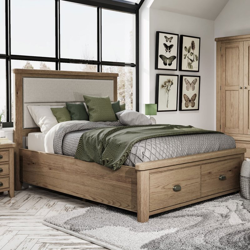 Aldiss Own Heritage Oak King Size Upholstered Bed Frame With Drawers