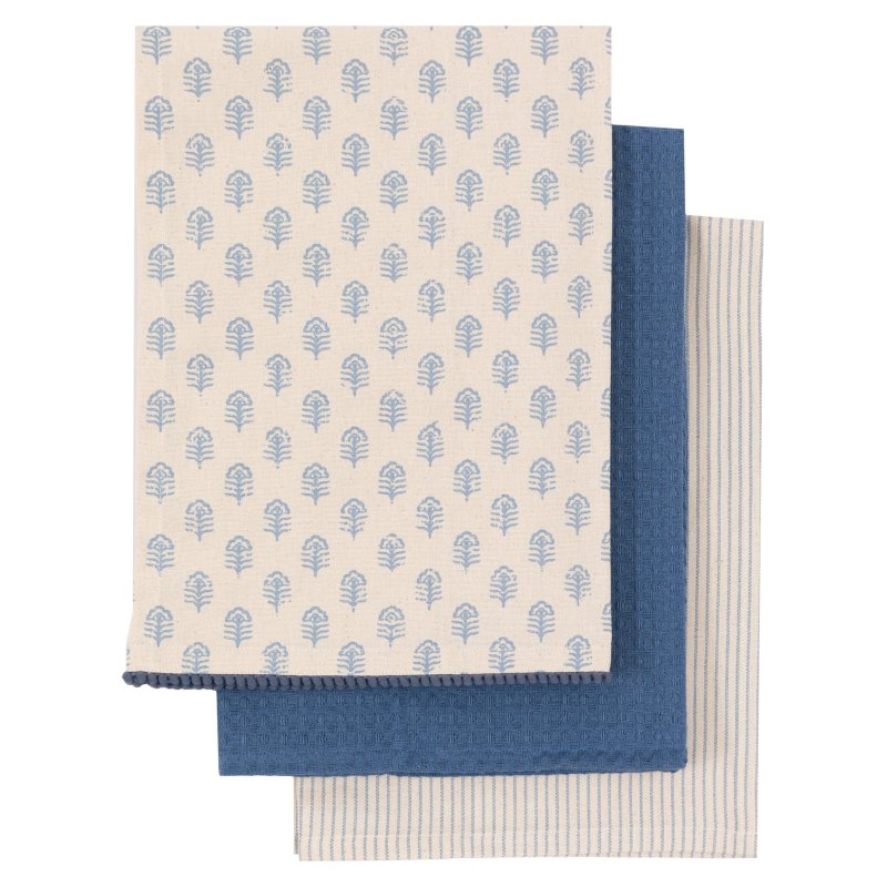 Gallery Direct Fleur Floral Stamp 3 Pack Tea Towels Blue