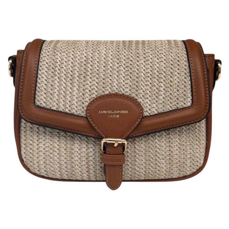 David Jones Straw Half Flap Shoulder Bag Cognac