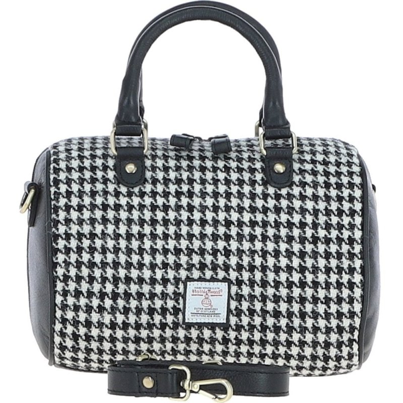 Ashwood Leather Harris Tweed Barrel Bag Black White front