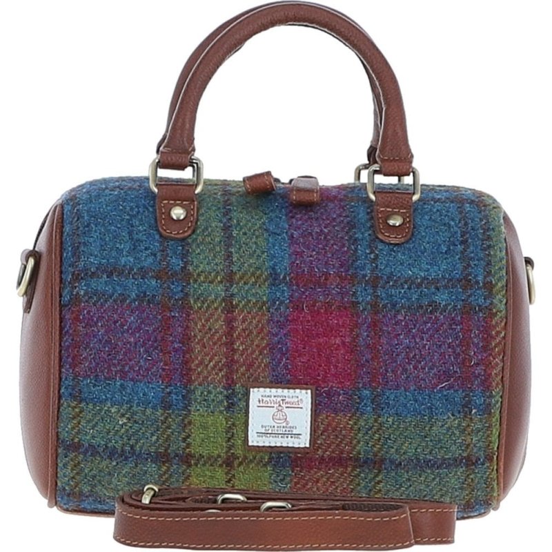 Ashwood Leather Harris Tweed Barrel Bag Tan Purple front