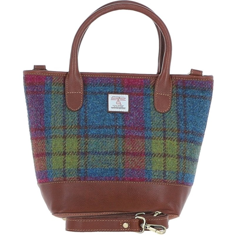 Ashwood Leather Harris Tweed Grab Bag Tan Purple front