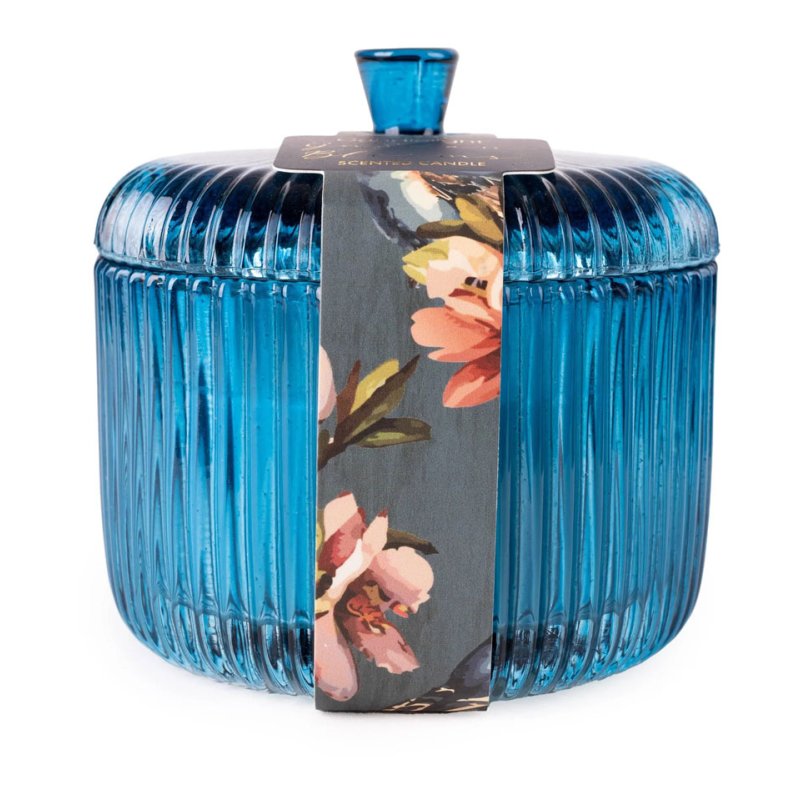 Ridged Glass Jar Candle Blue