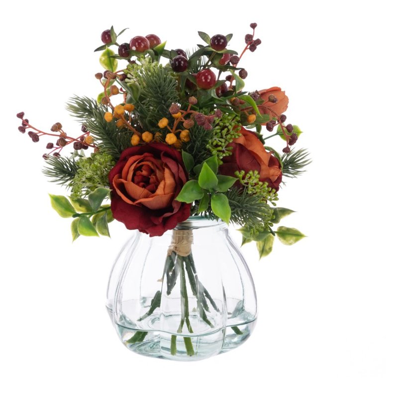 Floralsilk Cabbage Rose & Berries In Vase Rust