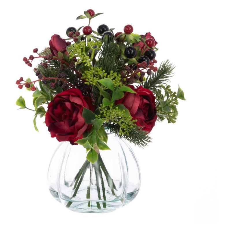 Floralsilk Cabbage Rose & Berries In Vase Burgundy