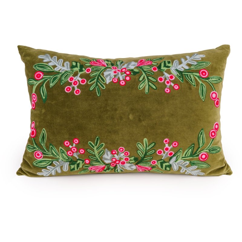 Candlelight Holly & Berries Green Cushion