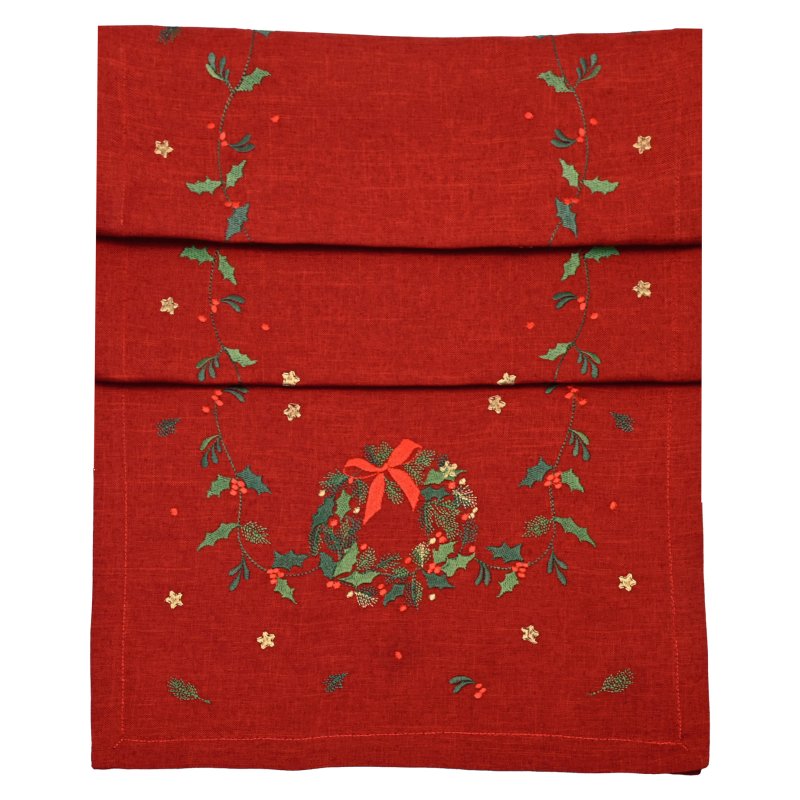 Waltons Embroidered Wreath Runner Red