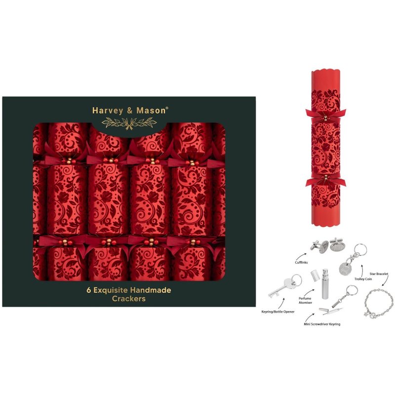 Harvey & Mason Exquisite Red Flock Box Of 6 Crackers