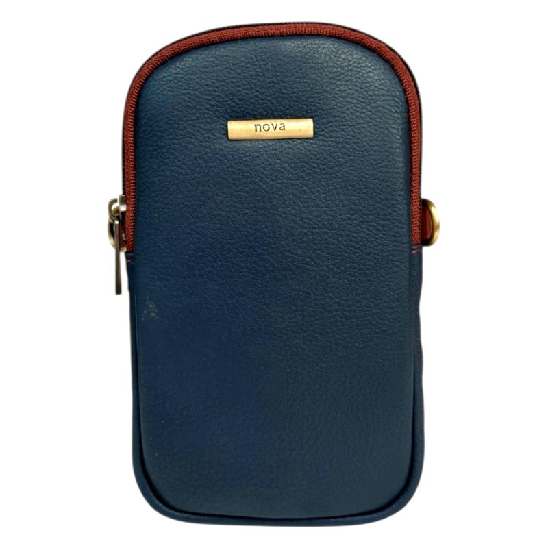 Nova Leathers Navy Tan Twin Zip Top Phone Bag