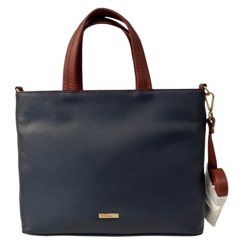 Nova Leathers Navy Tan Medium Square Grab Bag with strap