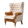 Aldiss Own Artisan Buttoned Wing Chair in Natural Wool and Leather