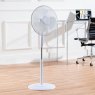 Daewoo 16" White Round Base Pedestal Fan lifestyle image of the fan