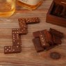 Harvey Makin Dominoes in Wooden Box dominoes laid out on wooden table