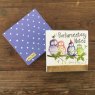 Alex Clark Owl Party Mini Magnetic Notepad front and back on a wooden table
