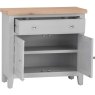 Derwent Grey Small Sideboard front angle of the sideboard with cupboard doors open on a white background