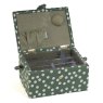 Khaki Green Spot Sewing Box image of the sewing box open on a white background