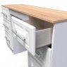 Stoneacre Kneehole Dressing Table close up angled image with open drawer on a white background
