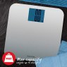 Salter Silver Max Electronic Bathroom Scale lifestyle image of the scales with specs