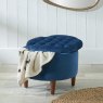 Sapphire Blue Velvet Buttoned Pouffee Storage Stool lifestyle image of the stool